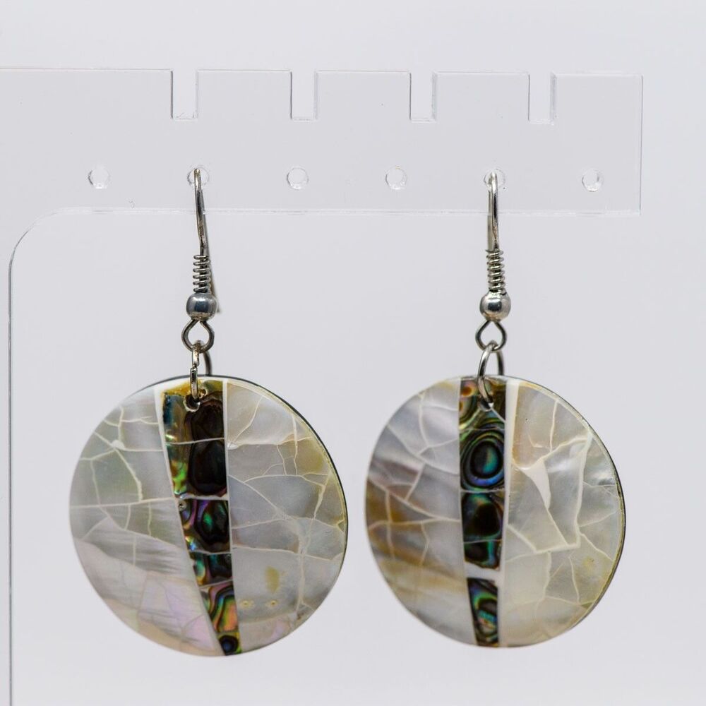 Round abalone and mother of pearl inlaid earrings silver tone lightweight